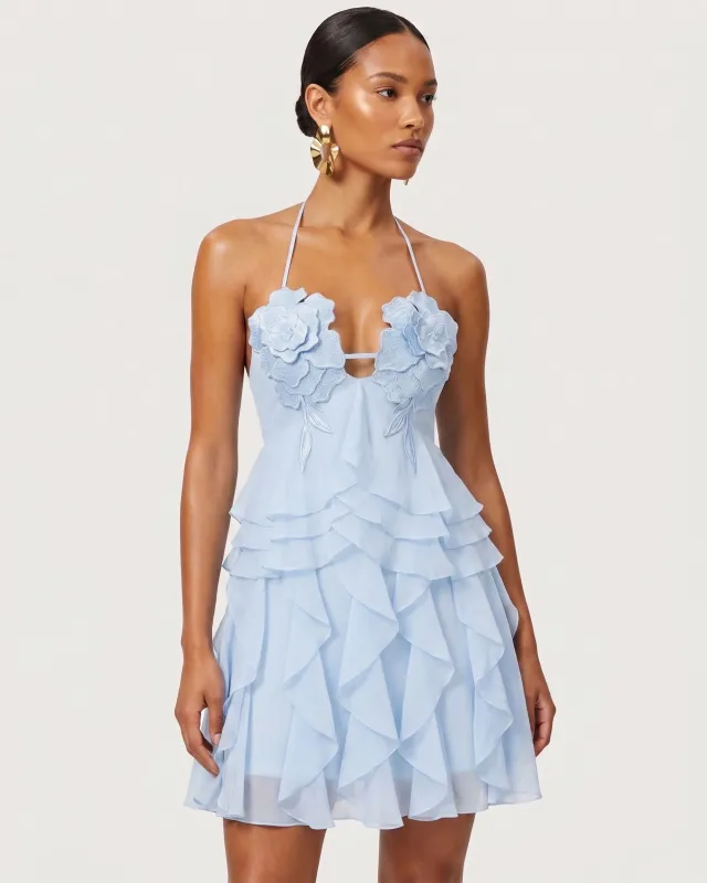 Flower Embroidered Halter Ruffled Mini Dress - Light Blue made by JW PEI