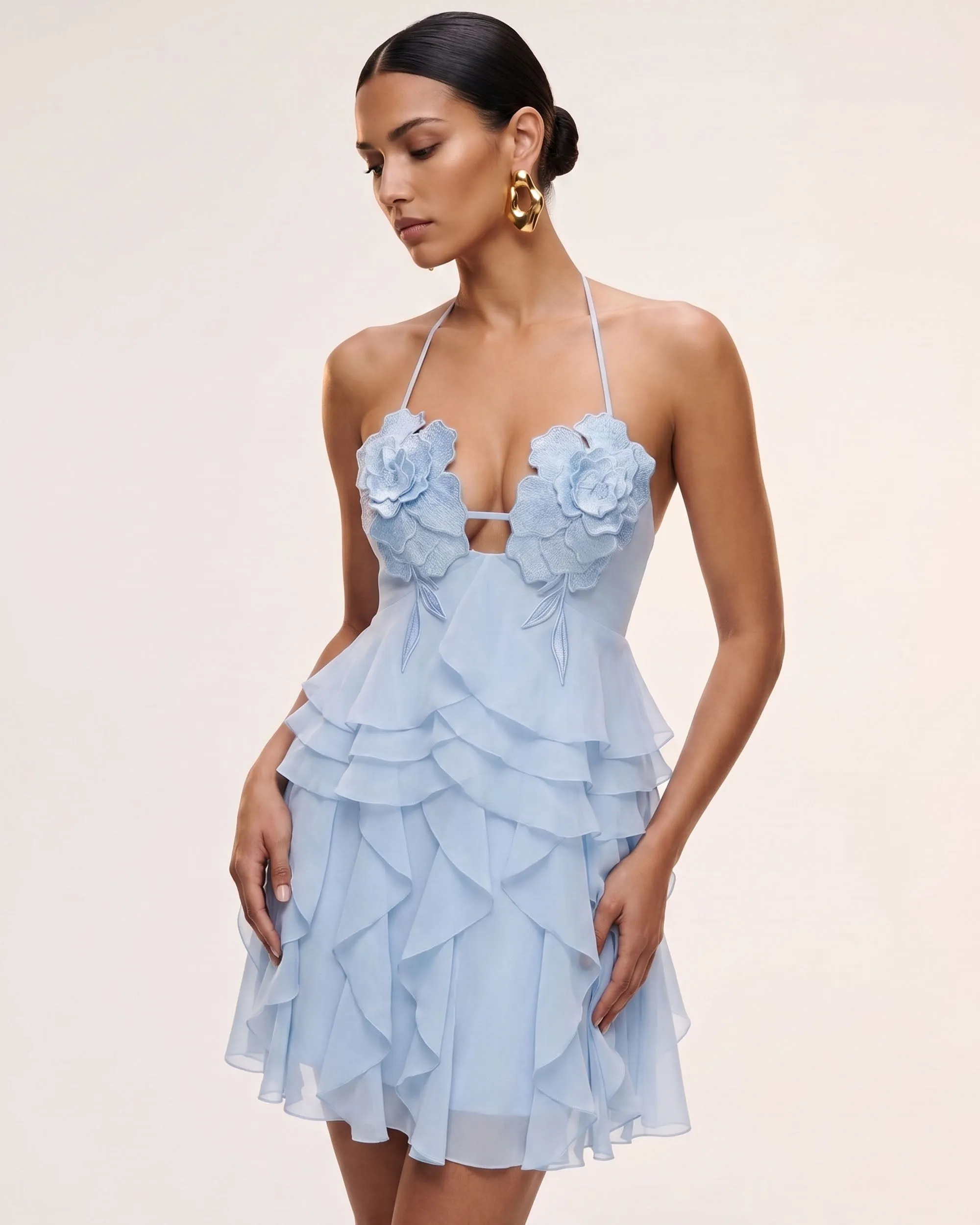 Flower Embroidered Halter Ruffled Mini Dress - Light Blue sold by JW PEI product image thumbnail 2