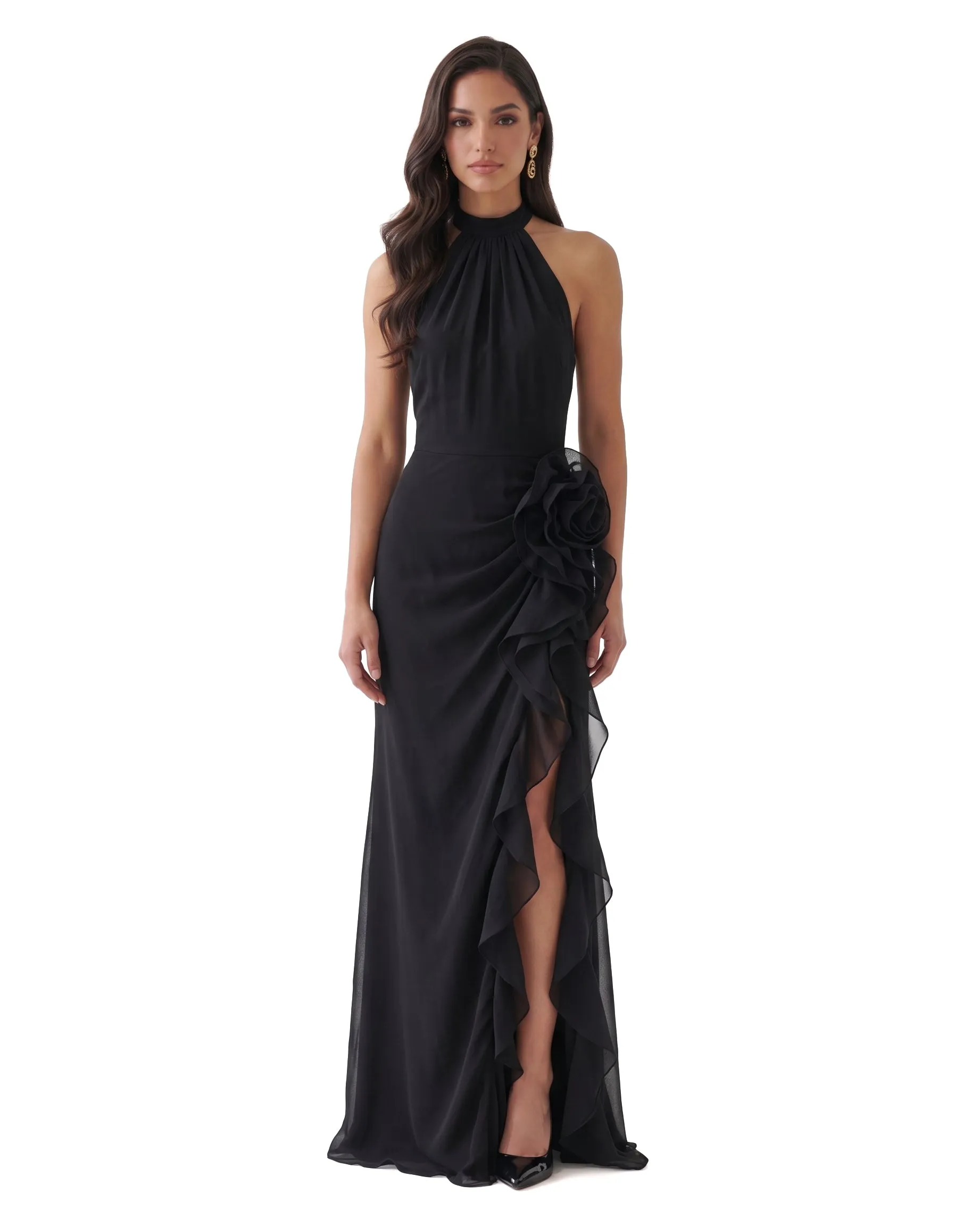 Halter Ruffle Rosette Slit Maxi Dress - Black sold by JW PEI