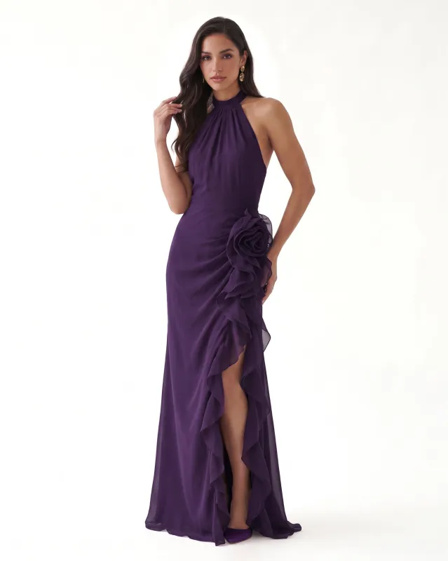 Halter Ruffle Rosette Slit Maxi Dress - Purple made by JW PEI
