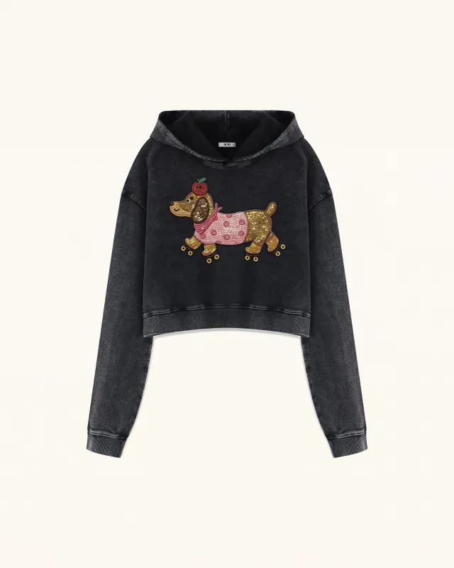 Whimsical Faux Embroidery Dachshund Cropped Hoodie - Black made by JW PEI