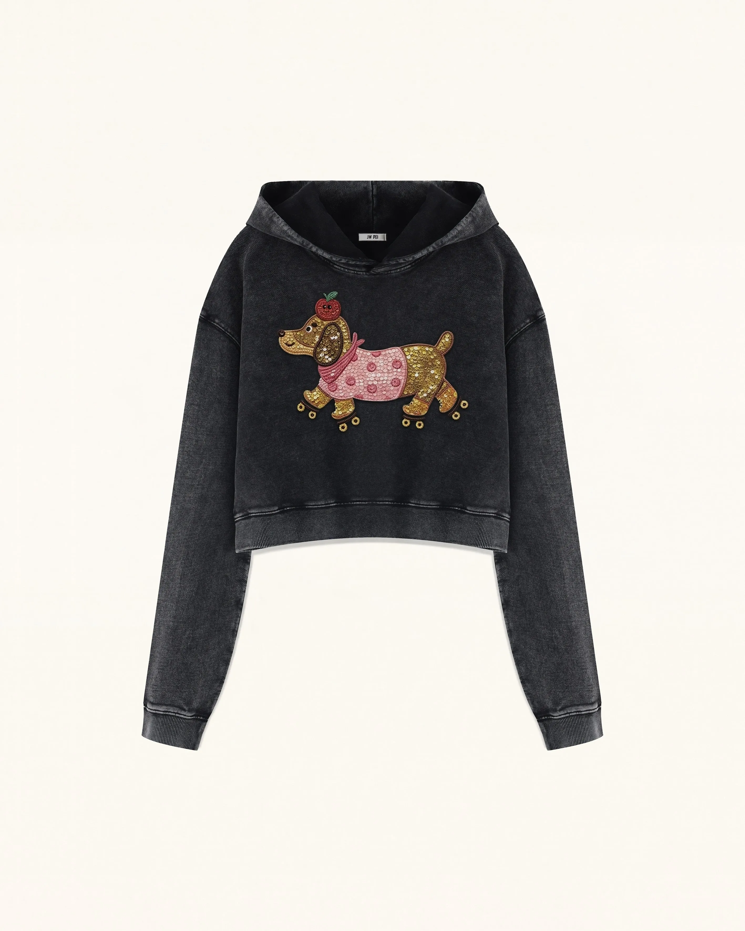 Whimsical Faux Embroidery Dachshund Cropped Hoodie - Black sold by JW PEI