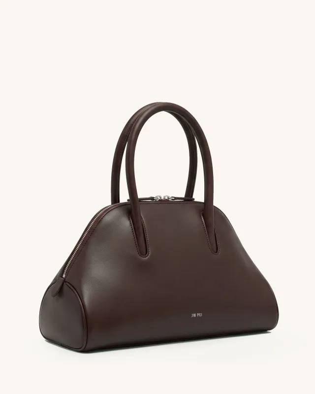 Veda Curved Zip Top Handle Bag – Dark Brown made by JW PEI