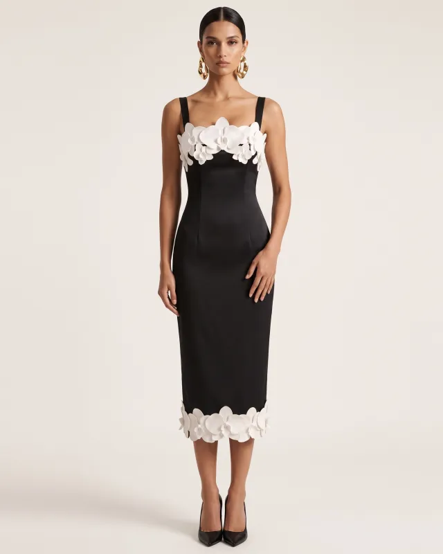 Orchid Embroidered Strappy Square Neck Midi Dress - Black made by JW PEI