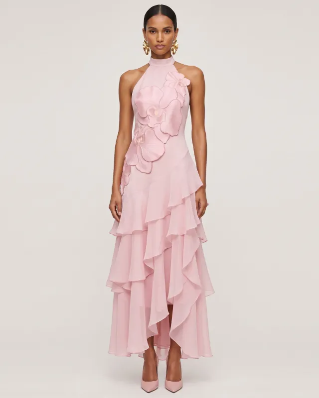 Orchid Embroidered Halter Asymmetric Layered Maxi Dress - Pink made by JW PEI