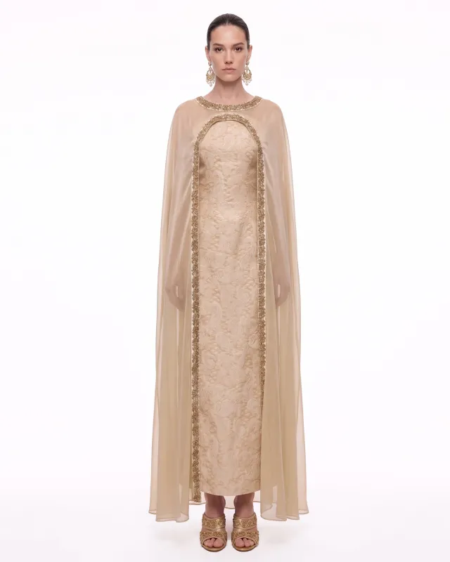 Beaded Sheer Cape Jacquard Maxi Dress - Champagne made by JW PEI