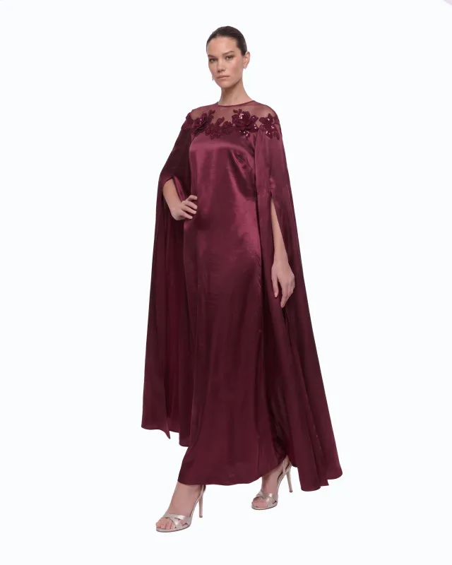 3D Floral Cape Maxi Dress - Deep Burgundy made by JW PEI