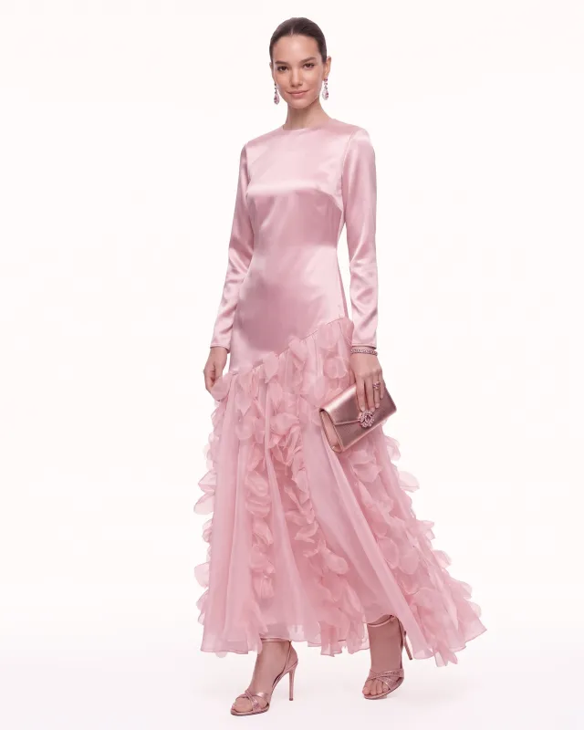 3D Floral-Trim Satin Maxi Dress - Blush made by JW PEI