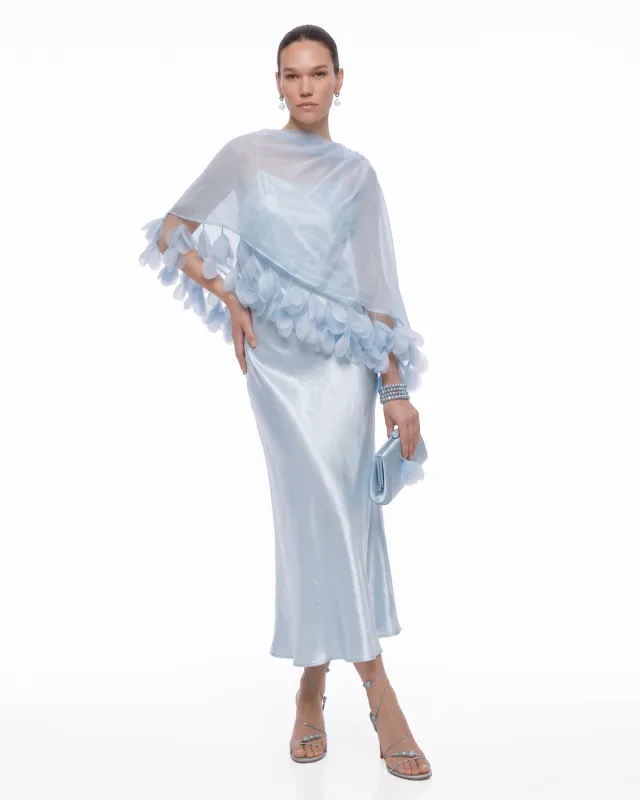 3D Floral-Trim Sheer Cape Satin Midi Dress - Light Blue made by JW PEI
