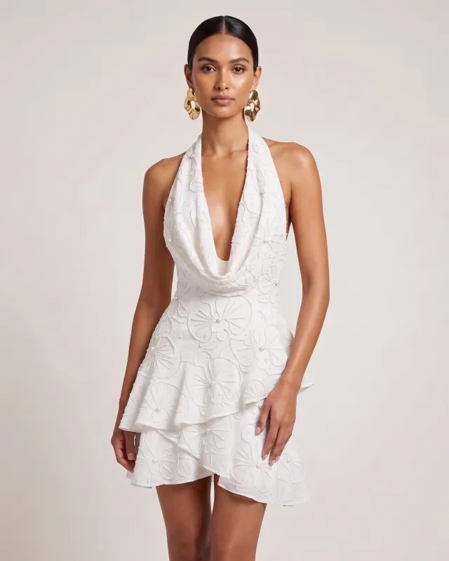 Orchid Beaded Embroidered Draped Halter Tiered Mini Dress - White made by JW PEI