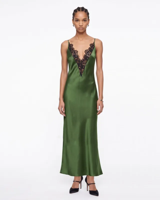 Lace-Trim Deep V-Neck Satin Maxi Dress - Green made by JW PEI