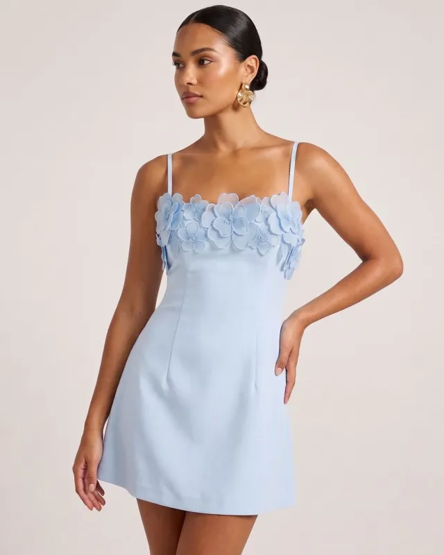 Flower Embroidered Trim Spaghetti Strap Mini Dress - Light Blue made by JW PEI