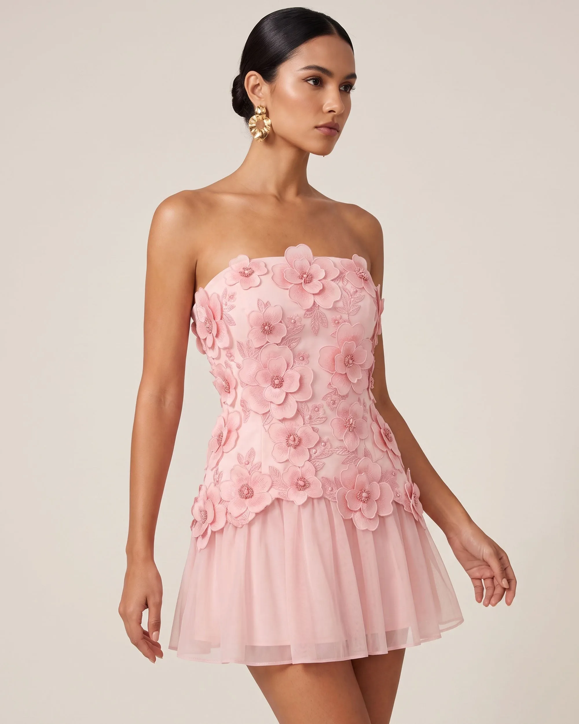 Flower Embroidered Strapless Floral Mini Dress - Pink sold by JW PEI