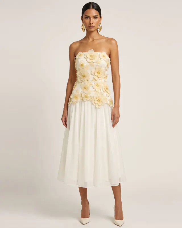 Flower Embroidered Strapless Midi Dress - Ivory made by JW PEI