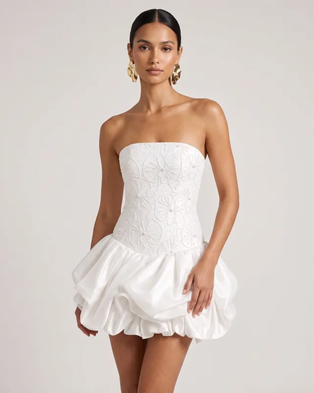 Orchid Beaded Embroidered Strapless Bubble Hem Mini Dress - White made by JW PEI