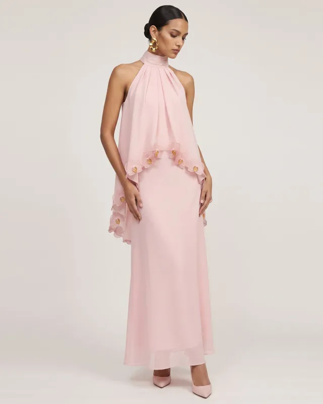 Orchid Embroidered Trim Ruched Halter Maxi Dress - Blush Pink made by JW PEI
