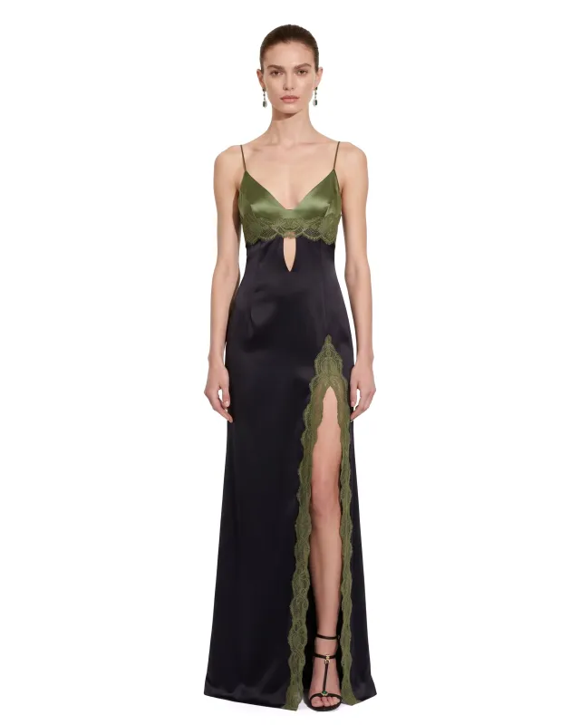 Lace-Trim Cutout Slit Satin Maxi Dress - Black & Olive made by JW PEI