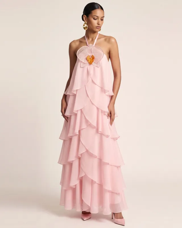 Orchid Embroidered Halter Layered Ruffle Maxi Dress - Blush Pink made by JW PEI