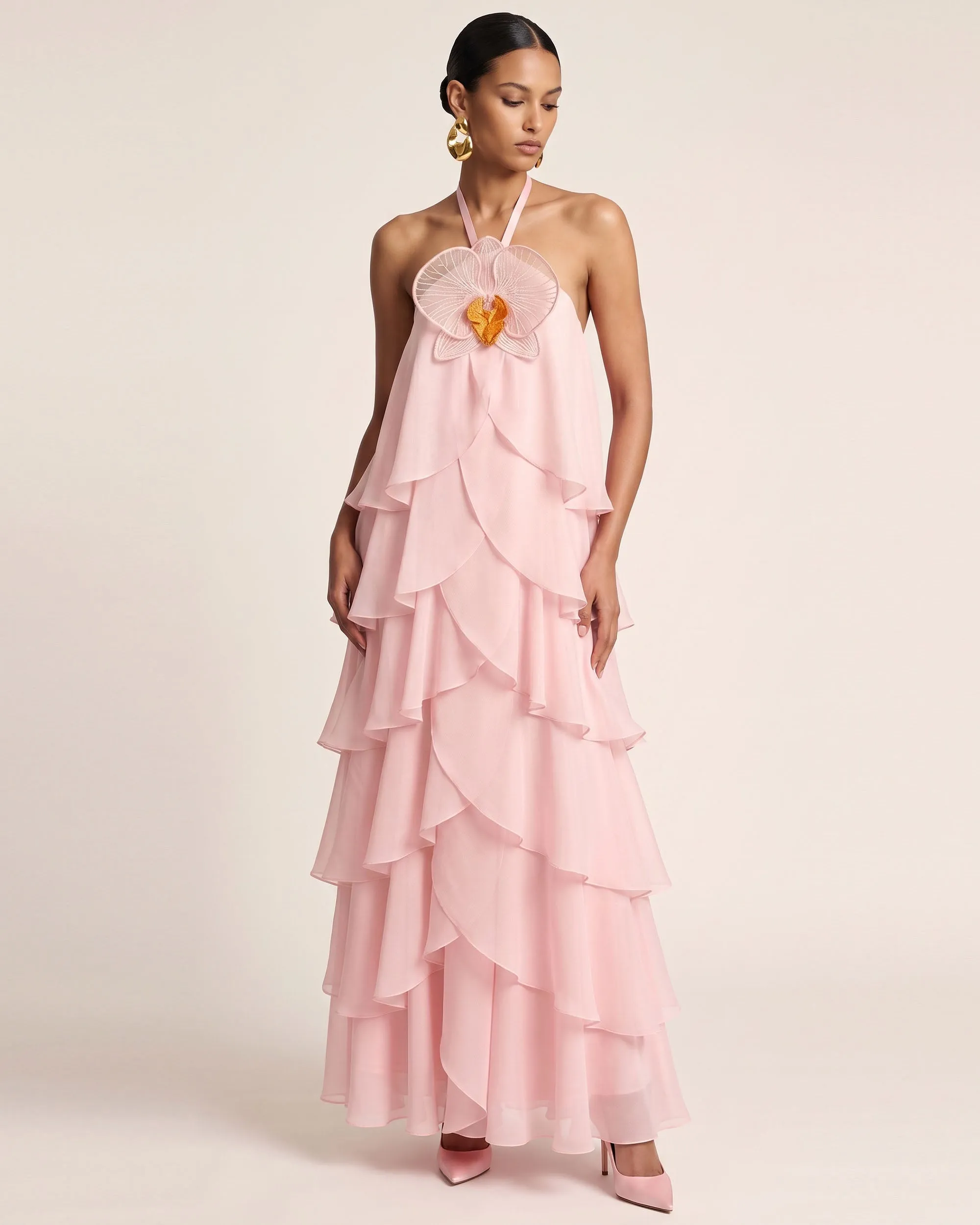 Orchid Embroidered Halter Layered Ruffle Maxi Dress - Blush Pink sold by JW PEI