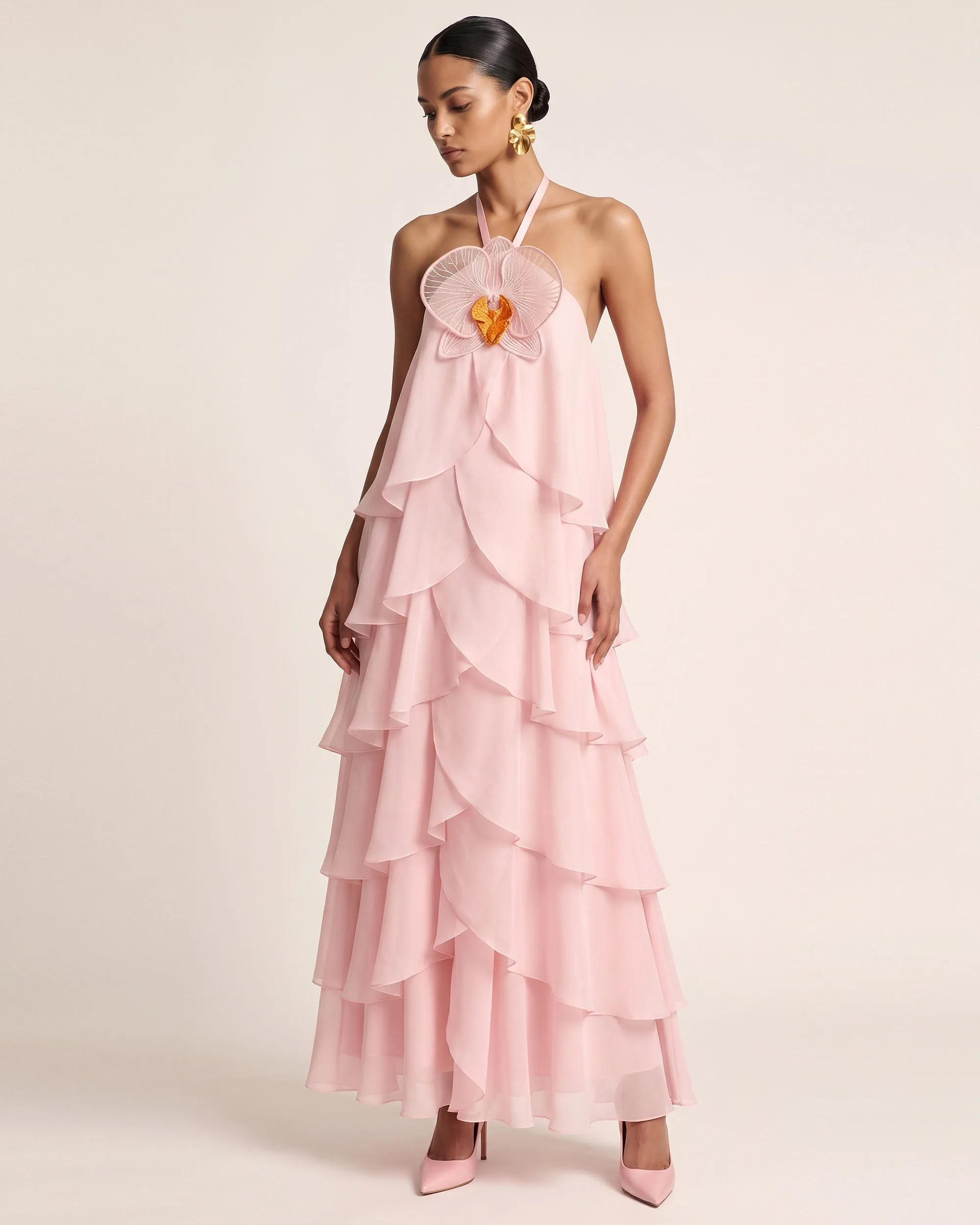 Orchid Embroidered Halter Layered Ruffle Maxi Dress - Blush Pink sold by JW PEI product image thumbnail 2