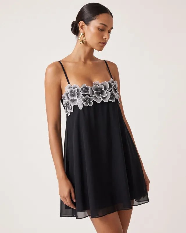Flower Embroidered Detail Spaghetti Strap Mini Dress - Black made by JW PEI