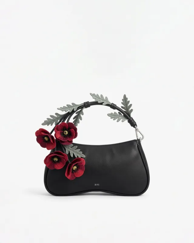 Eva Poppy 3D Floral Embroidery Top Handle Bag – Black made by JW PEI