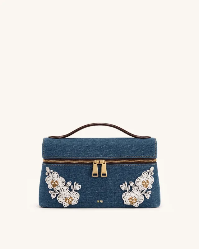 Thea Beaded Floral Top Handle Bag - Dark Blue Denim made by JW PEI
