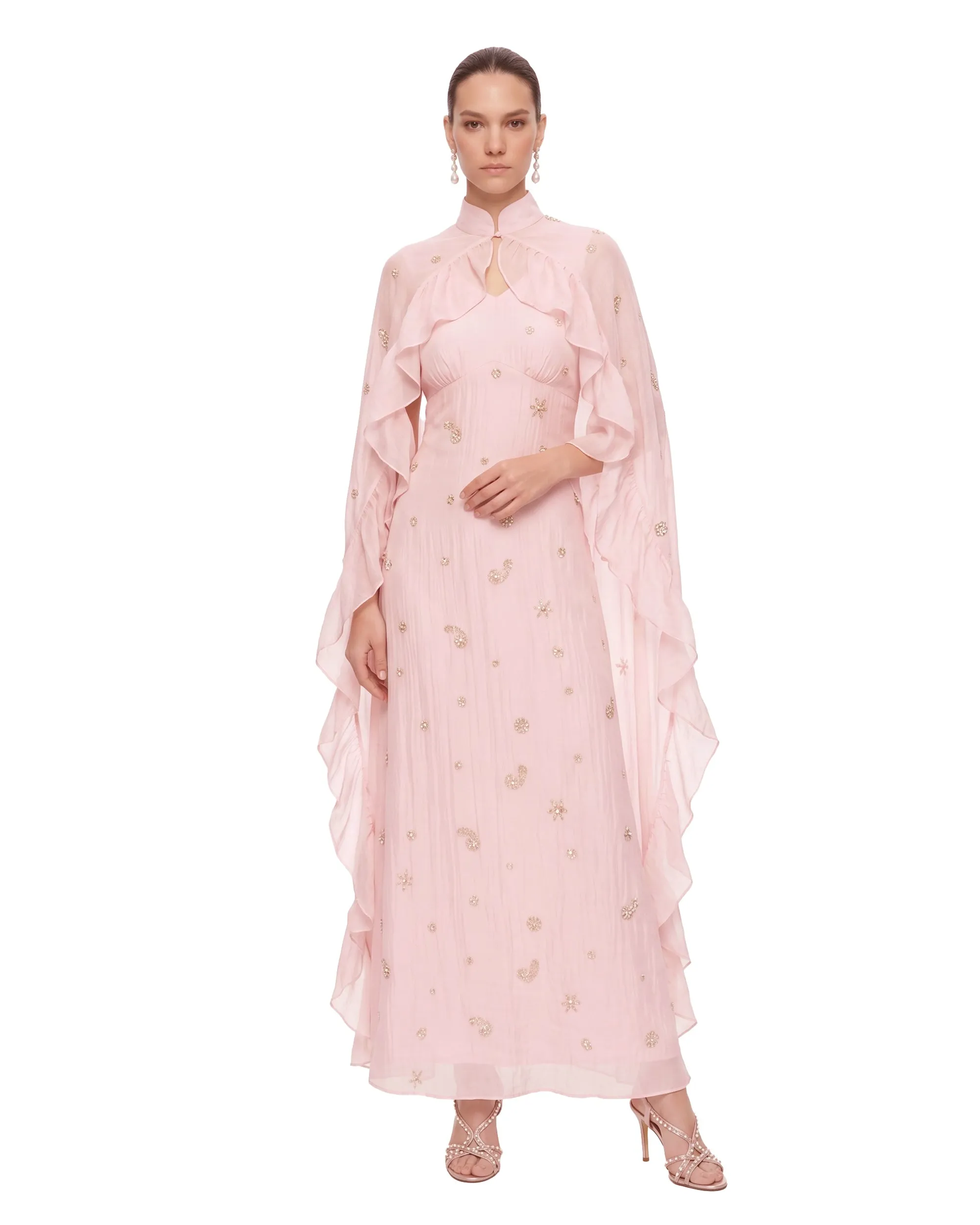Embellished Ruffle Cape High-Neck Maxi Dress - Blush sold by JW PEI