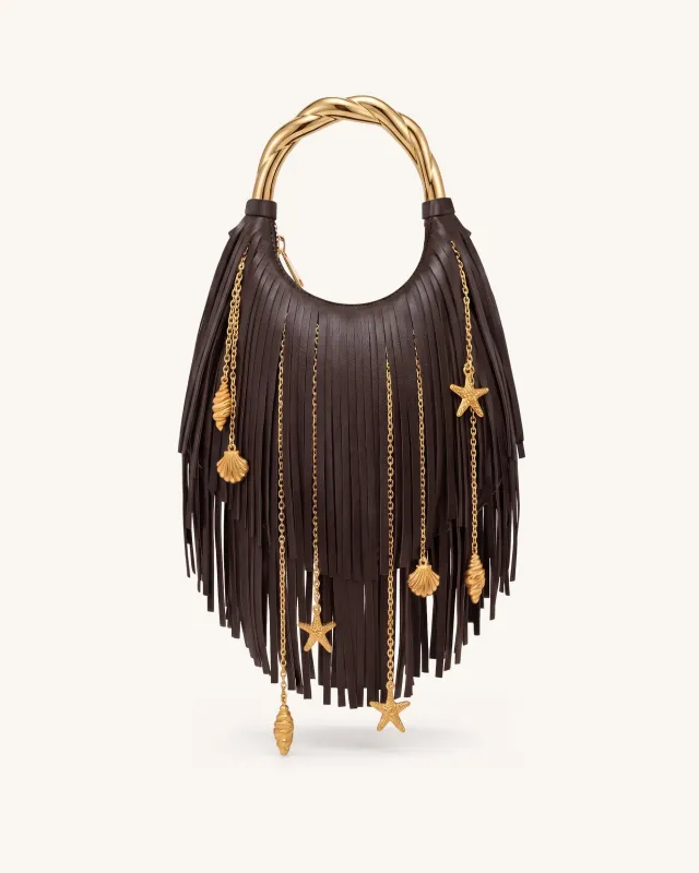Chlorie Metal Handle Fringe Top Handbag - Dark Brown made by JW PEI