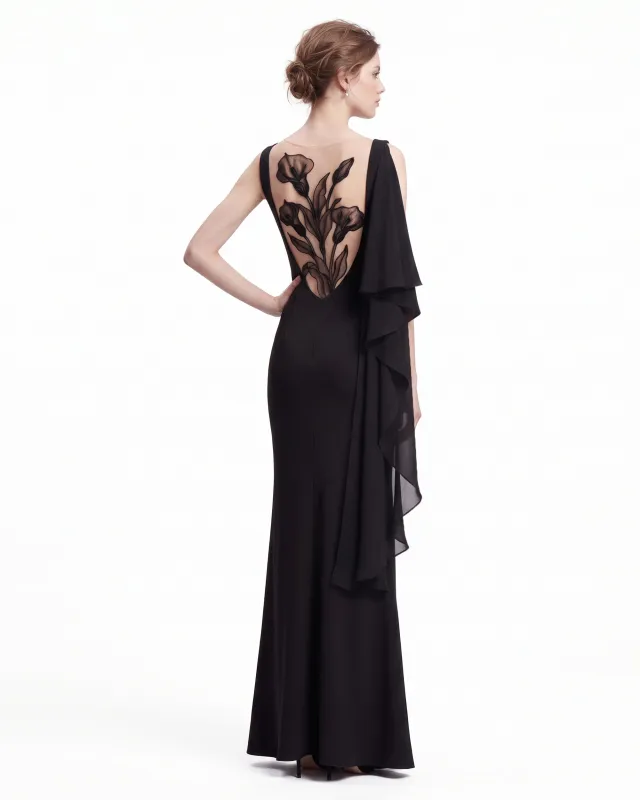 Calla Lily Embroidered Backless Draped Maxi Dress - Black made by JW PEI