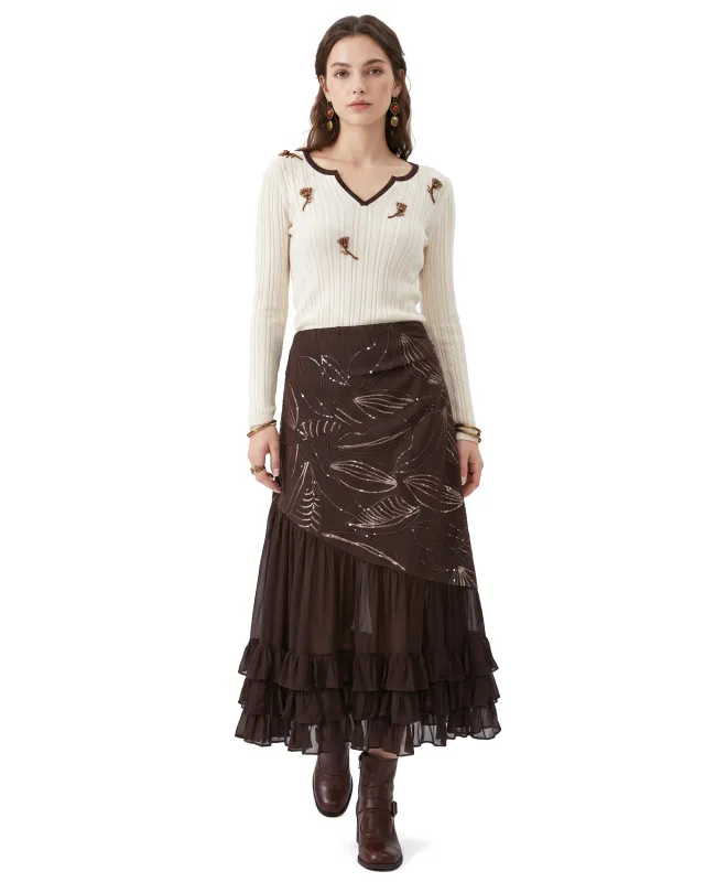 Asymmetric Ruffled Chiffon Boho Maxi Skirt - Deep Mocha made by JW PEI
