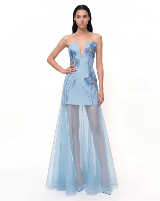 Iris Embroidered Plunge Sheer Overlay Maxi Dress - Light Blue made by JW PEI
