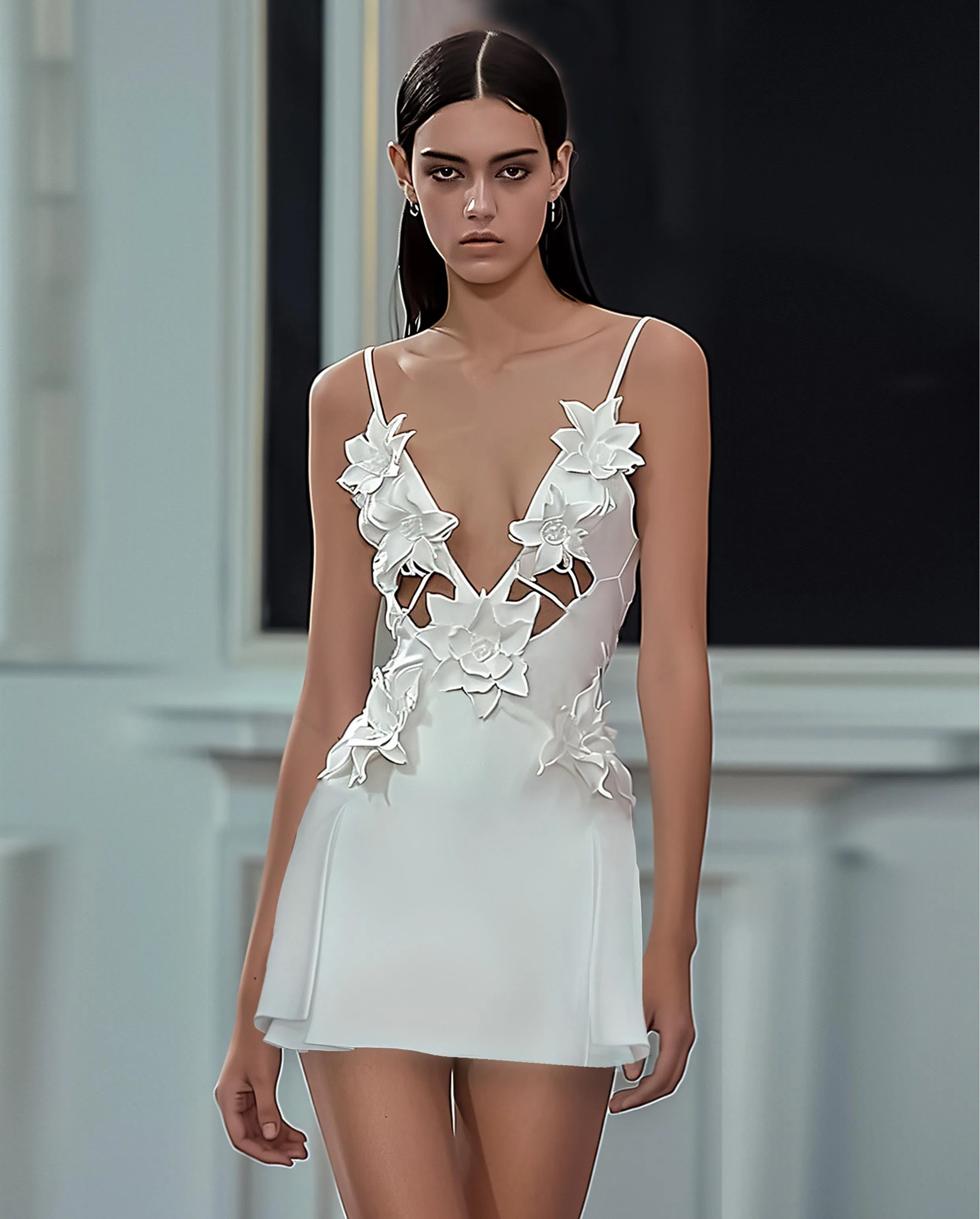 Yuliya White Floral Embellishment V-neckline Mini Dress - White sold by JW PEI product image thumbnail 2