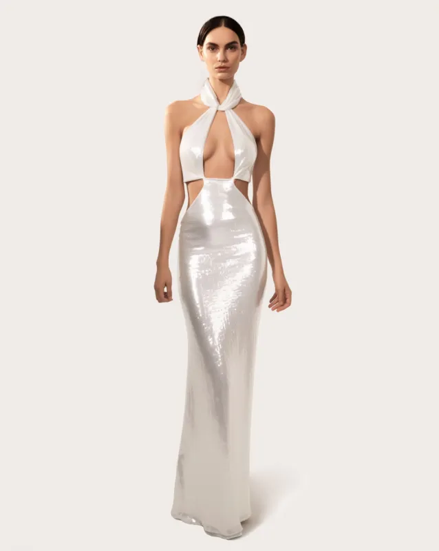 Halter Sequin Cut-Out Maxi Dress - White sold by JW PEI