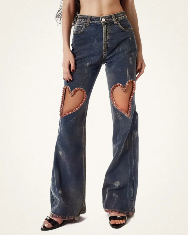 Ava Crystal Embellished Heart Cut-Out Denim Jeans - Dark Blue sold by JW PEI