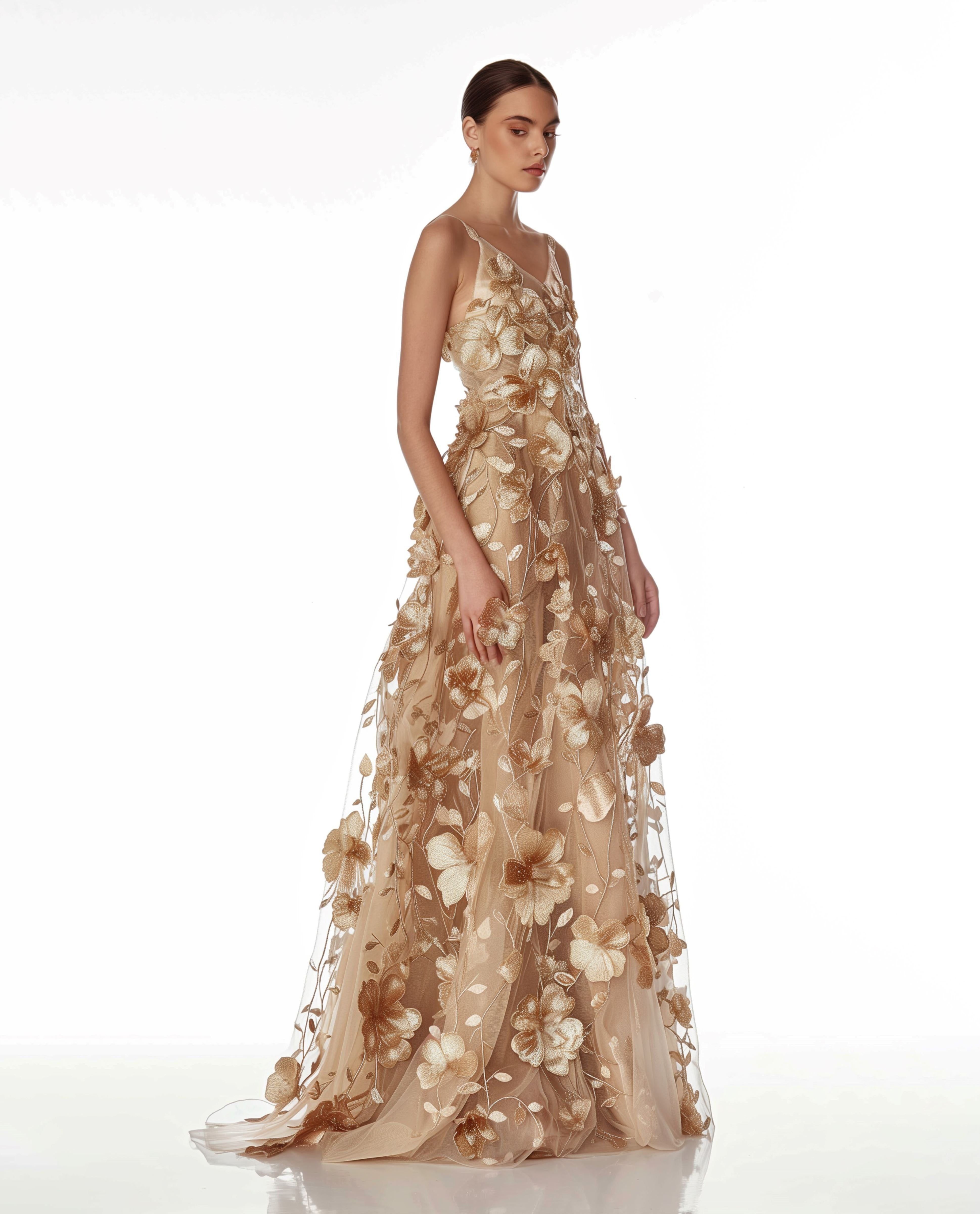 Apricot lined floral embroidered long dress sold by JW PEI