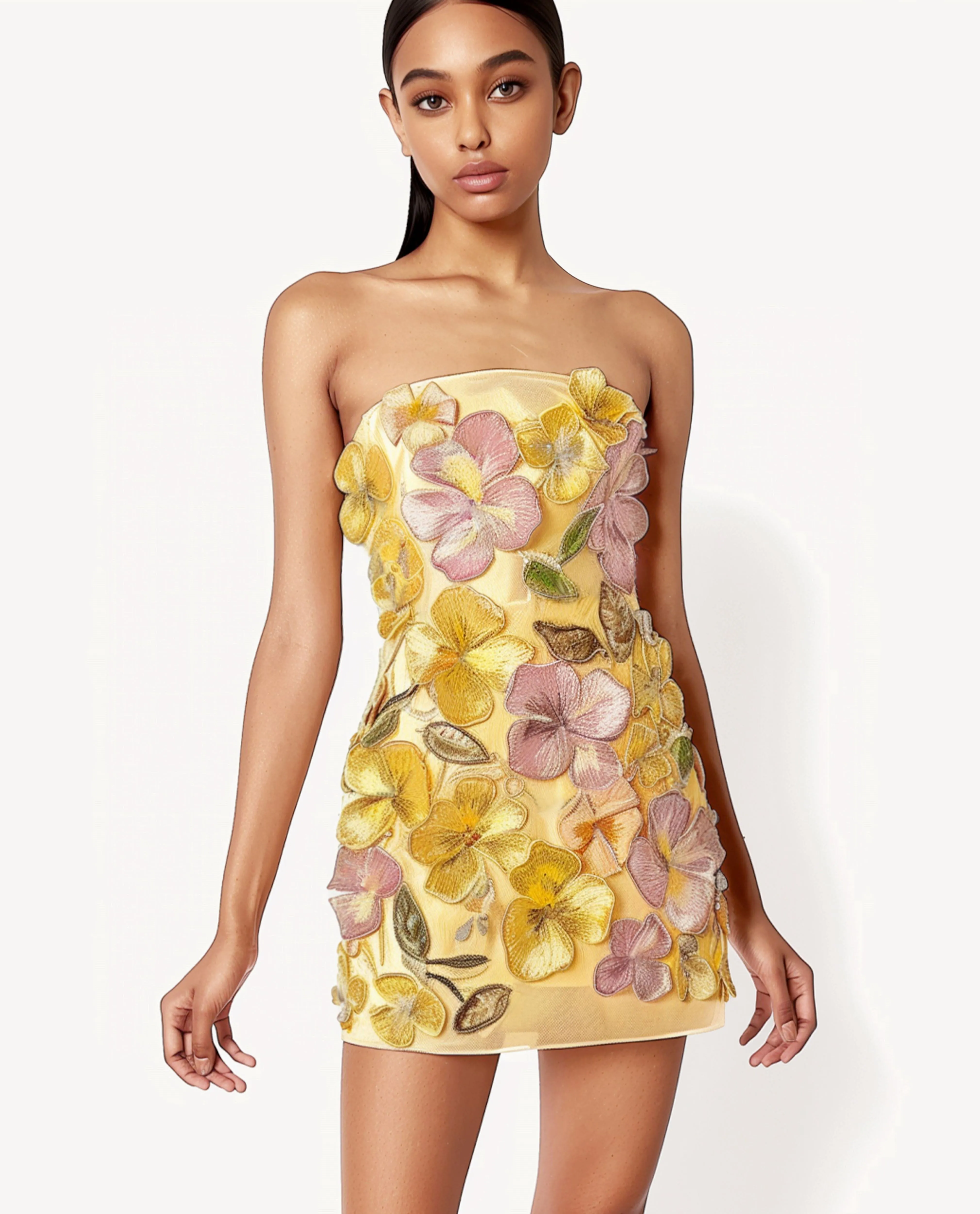 Yellow lined floral embroidered dress sold by JW PEI