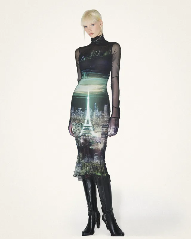 Mia Eiffel Tower Printed Mesh Dress - Black/Green sold by JW PEI