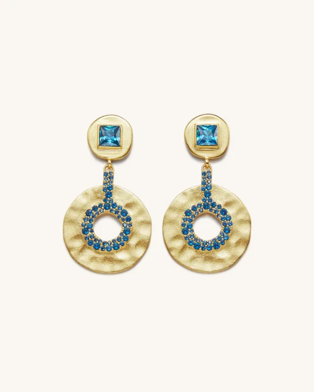 Geometrical Openwork Small Round Earrings- 18ct Gold Plated & Deep Sea Blue Zircon sold by JW PEI