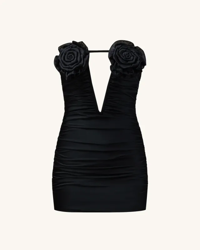 Bailee Black Floral Applique And Ruched Tube Mini Dress - Black sold by JW PEI