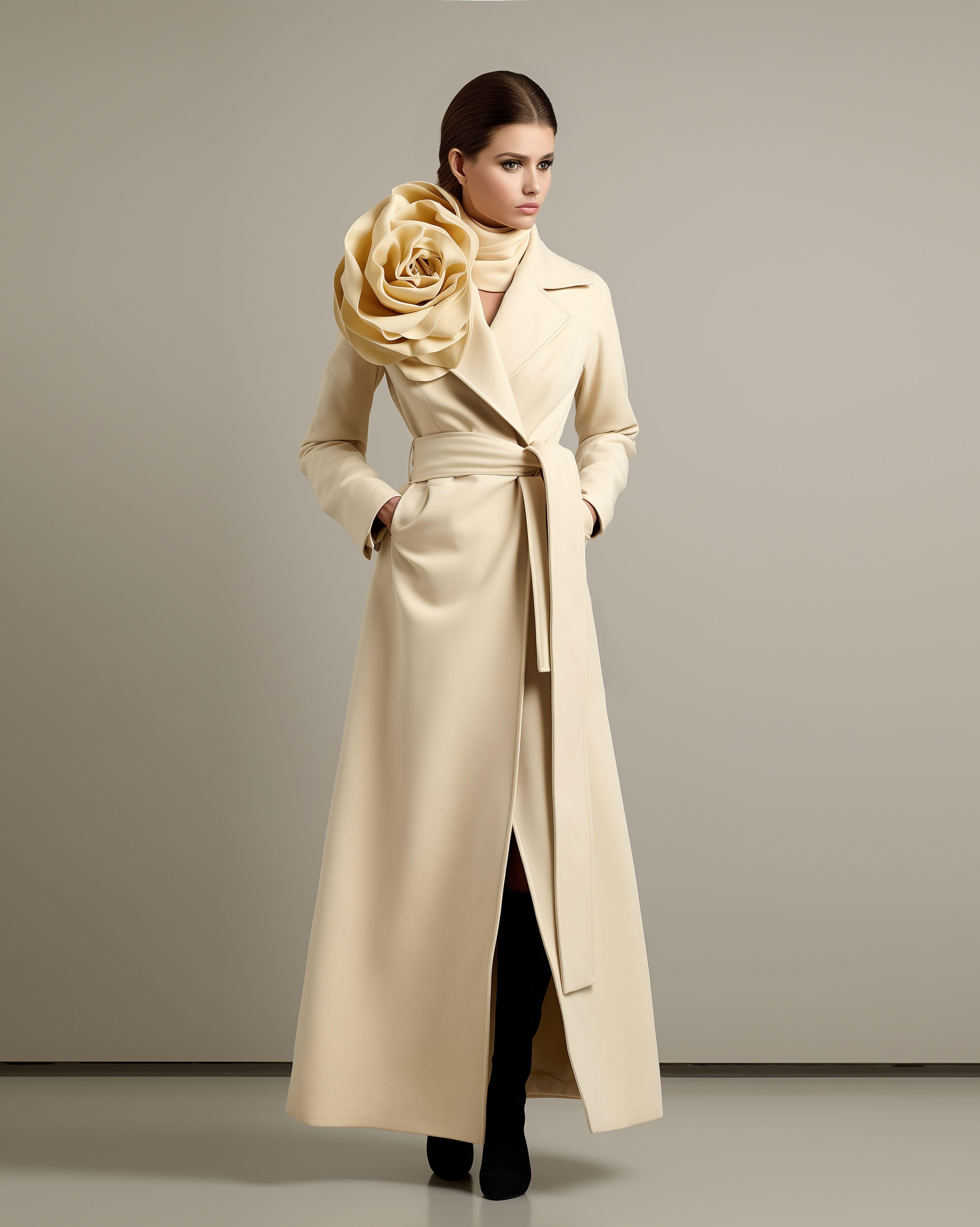 Beige Floral-Applique Belted Trench Coat sold by JW PEI