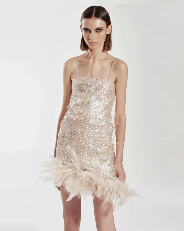 Beige Feather-trim Mini Dress sold by JW PEI