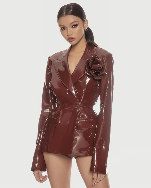 Brown Patent Leather Floral Appliqué Blazer sold by JW PEI