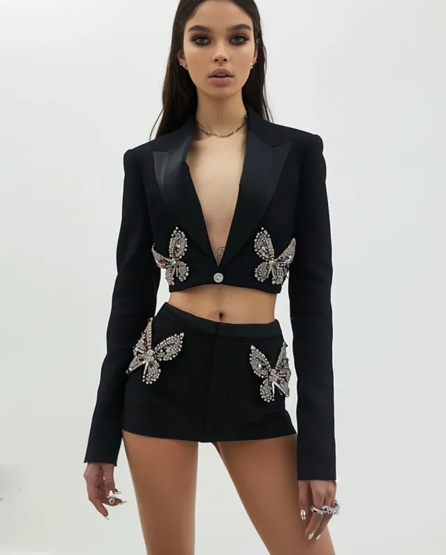 Black Butterfly-shape Rhinestones Embellished Cropped Jacket sold by JW PEI