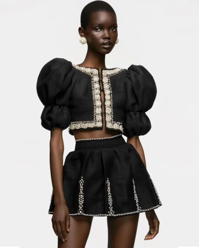 Pearl-Embellished Tweed Set - Black sold by JW PEI
