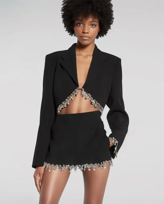Black Crystal Embellished Cropped Jacket sold by JW PEI