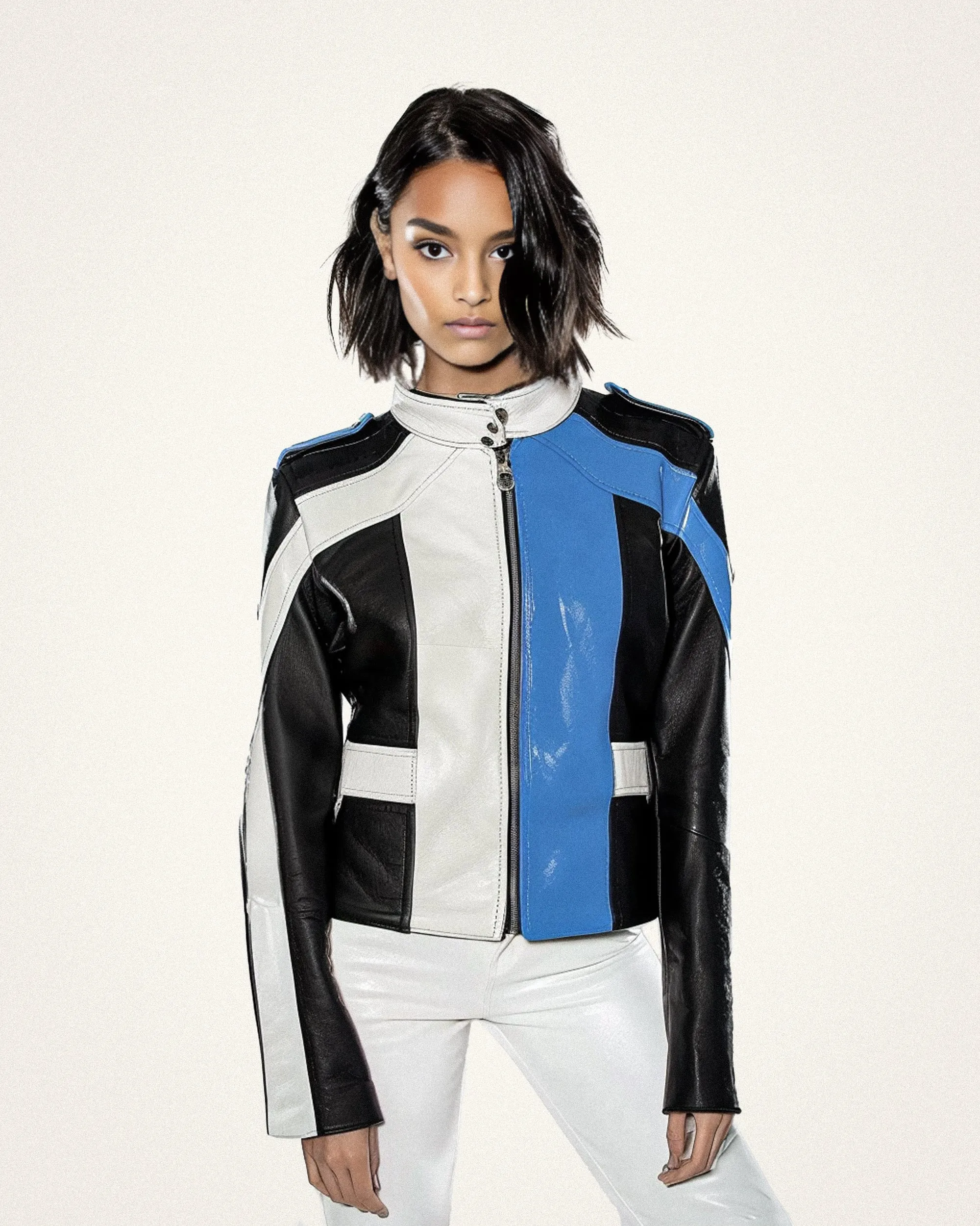 Trendy Black and Blue Leather Racing Jacket - Black/Blue sold by JW PEI