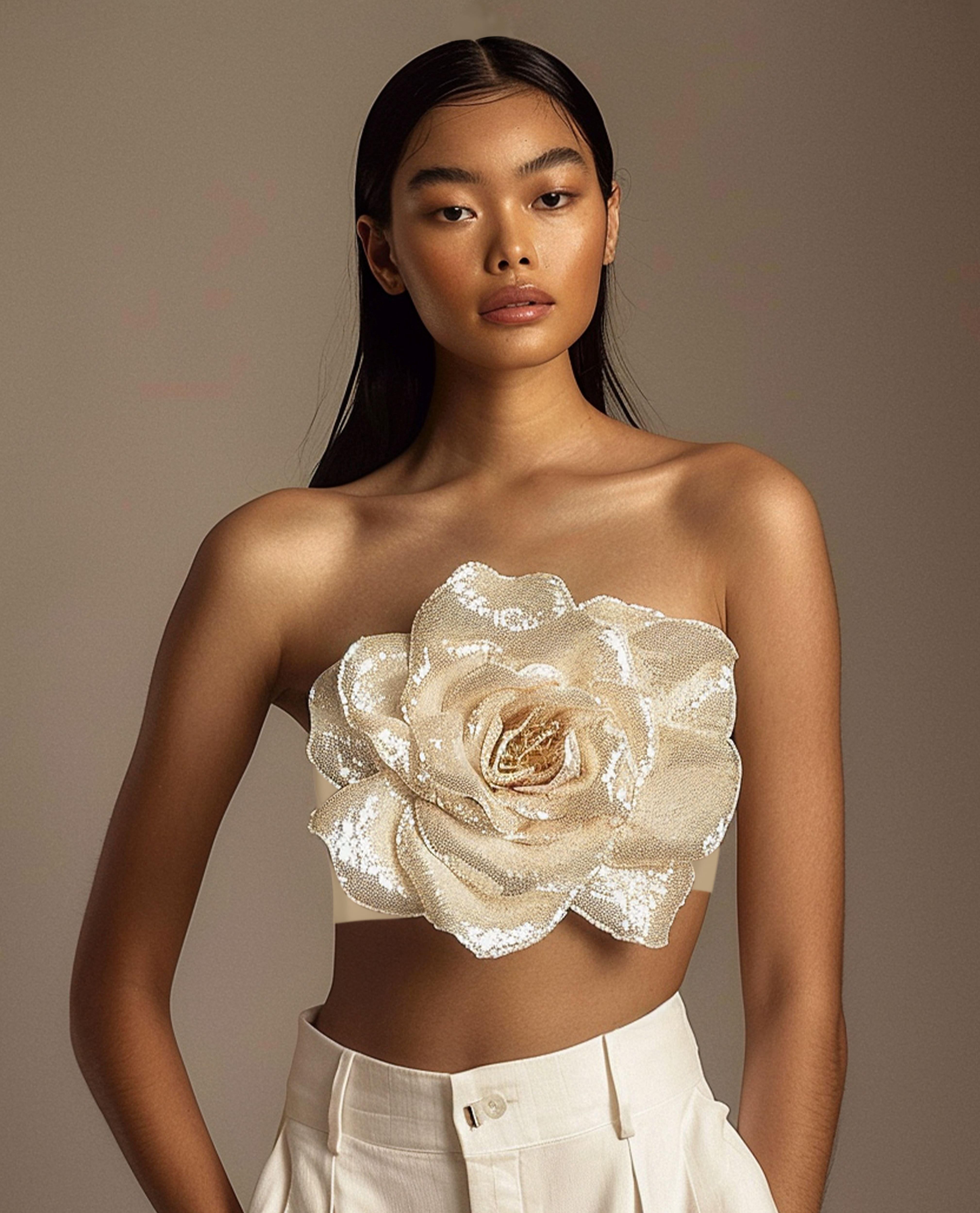 Beige sequin flower bandeau sold by JW PEI