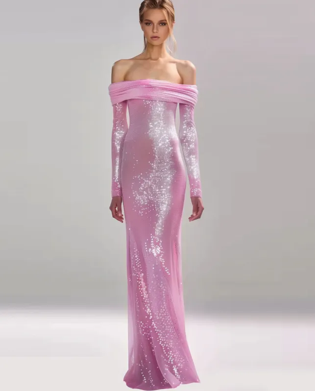 Isabella Shimmering Long Sleeve Mesh Gown - Pink sold by JW PEI