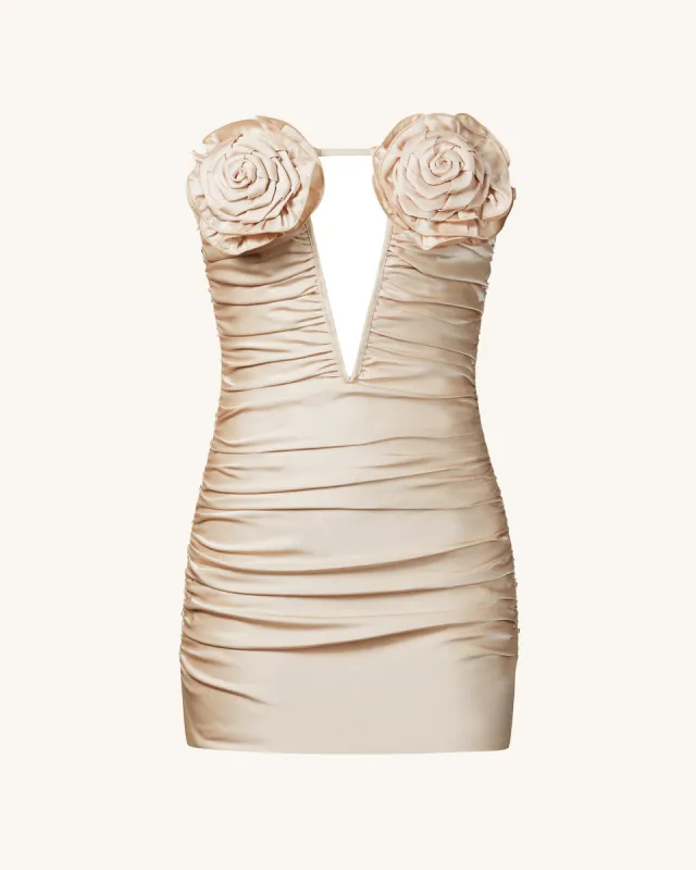 Bailee Apricot Floral Applique And Ruched Tube Mini Dress - Apricot sold by JW PEI